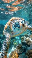 Underwater view of a swimming turtle photo