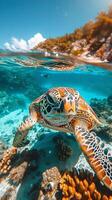 Underwater view of a swimming turtle photo