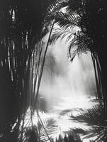 Sunlight casting shadows through a bamboo forest photo