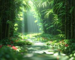 Sunlight casting shadows through a bamboo forest photo