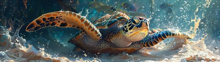 Underwater view of a swimming turtle photo