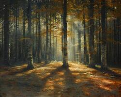 Shadows cast by a forest canopy on a woodland floor photo