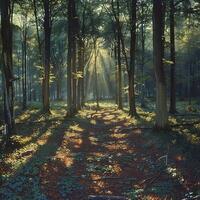 Shadows cast by a forest canopy on a woodland floor photo