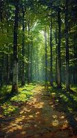 Shadows cast by a forest canopy on a woodland floor photo