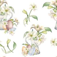 White lilies in ceramic jug watercolor isolated on white. White flower botanical in pitcher seamless pattern hand drawn. Lily bunch Christian symbol. Design for Easter, textile, wrapping paper vector