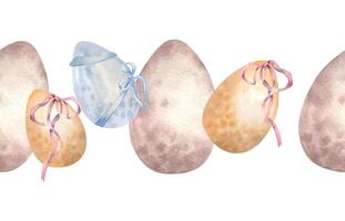 Easter seamless banner with eggs in pastel color. Gentle Easter egg watercolor illustration isolated on white. Christian symbol hand drawn. Design for Christianity holiday, Easter invitation vector