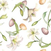 Easter seamless pattern with eggs and white flowers isolated on white. Lilies pastel color watercolor illustration. Lilium botanical art hand drawn. Design for Christianity holiday, Easter decoration. vector