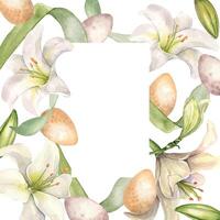 White lily Christian symbol watercolor isolated on white. White flower and stem botanical Illustration hand drawn. Floral Easter frame and eggs in gentle color . Design for invitation, Easter card. vector