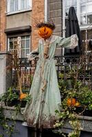 Exterior Beautiful atmospheric halloween scary scarecrow pumpkin decorated on porch. Autumn leaves and fall flowers celebration holiday Thanksgiving October season outdoors in city photo