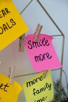 SMILE MORE self care goal on Action board new year's resolutions on colorful sticky notes. Making promises for new year, setting goals. Dream year motivation photo