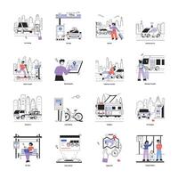 Latest Collection of 16 Public Transportation Linear Illustrations vector