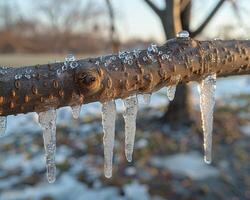 congelado carámbanos colgando desde un rama foto