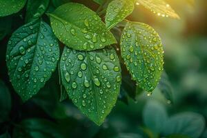 Glistening dew on fresh green leaves photo