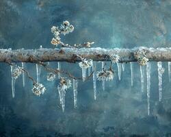 Frozen icicles hanging from a branch photo