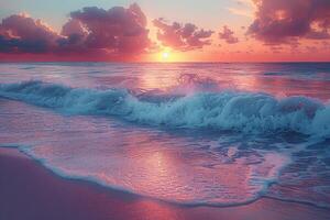 Gentle waves lapping at a sandy beach under a pastel sunset photo