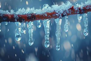 Frozen icicles hanging from a branch photo