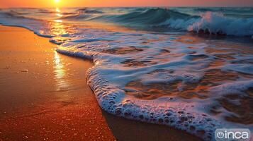 amable olas lapeado a un arenoso playa debajo un pastel puesta de sol foto