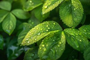 Glistening dew on fresh green leaves photo