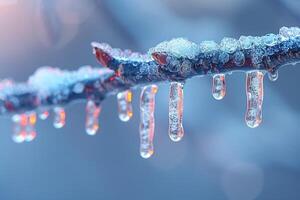 Frozen icicles hanging from a branch photo