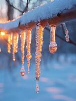 Frozen icicles hanging from a branch photo