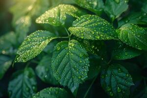 Glistening dew on fresh green leaves photo