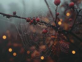 Glistening raindrops on a spider web photo