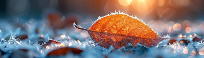 Frost patterns on a leaf in early morning photo