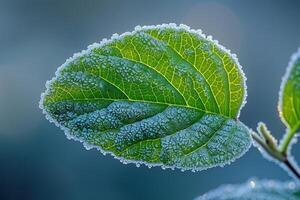 Frost patterns on a leaf in early morning photo