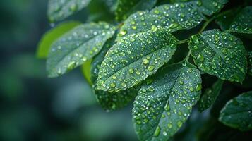 lustroso empapado de lluvia hojas en un bosque foto