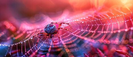Macro shot of dew on a spider web at dawn photo