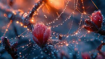 Macro shot of dew on a spider web at dawn photo