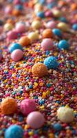 Macro shot of colorful sprinkles on a white background photo