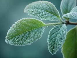 Frost patterns on a leaf in early morning photo