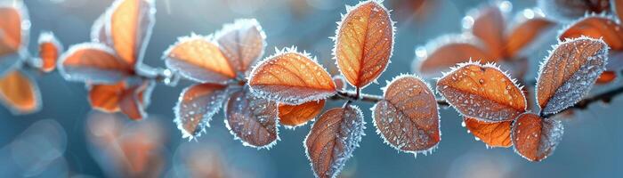 Frost-covered leaves on a brisk winter morning photo