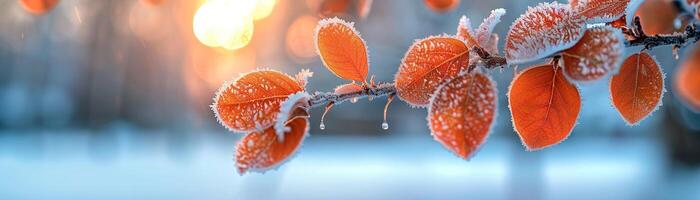 Frost-covered leaves on a brisk winter morning photo