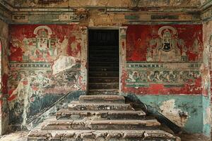 Fading murals on an ancient temple wall photo