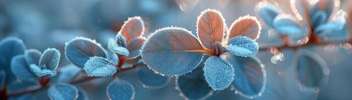 Frost-covered leaves on a brisk winter morning photo