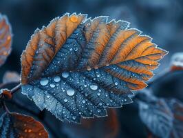 Frost patterns on a leaf in early morning photo