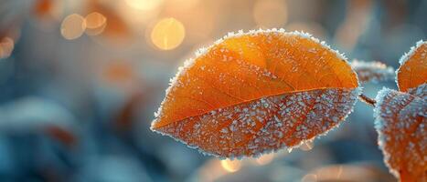 Frost patterns on a leaf in early morning photo