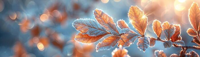 Frost-covered leaves on a brisk winter morning photo