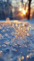 glacial copos de nieve en un ventana cristal foto