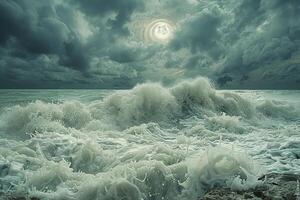 Crashing waves on a rocky coastline under a stormy sky photo