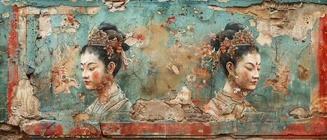 Fading murals on an ancient temple wall photo