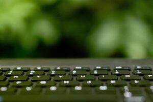 cerca arriba foto de teclado con verde hojas antecedentes