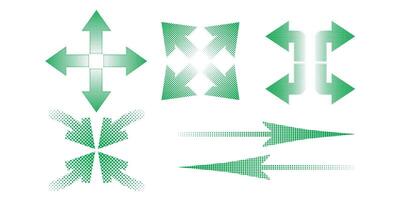 Set of halftone arrow dotted pointer direction. Dotted halftone arrow in green color. vector