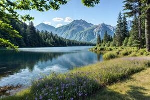 Lake Mountain Background Cloud Trees Forest Rock Stone photo