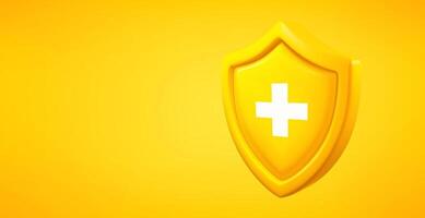 Yellow shield with plus sign isolated on yellow background. 3d banner with copy space vector