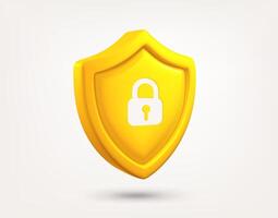 Yellow shield with padlock isolated on white background. 3d illustration vector