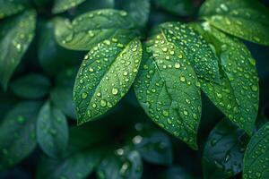 Glistening dew on fresh green leaves photo