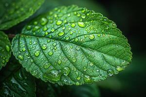 Close-up of raindrops on a vibrant green leaf photo